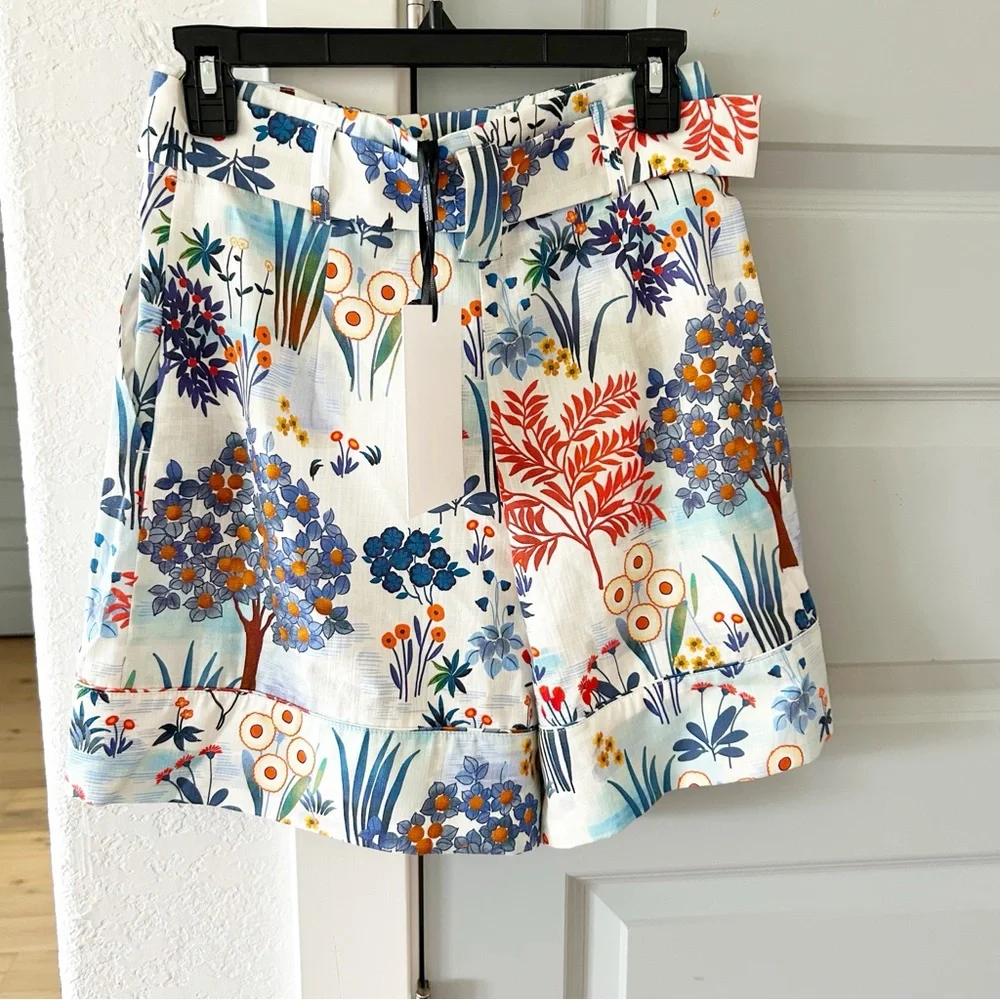 NWT Tara Jarmon Shelby Cotton Printed Floral Cuffed Belted High Waisted Shorts